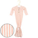 Orange and white striped baby onesie on a hanger with a close-up of the fabric pattern.