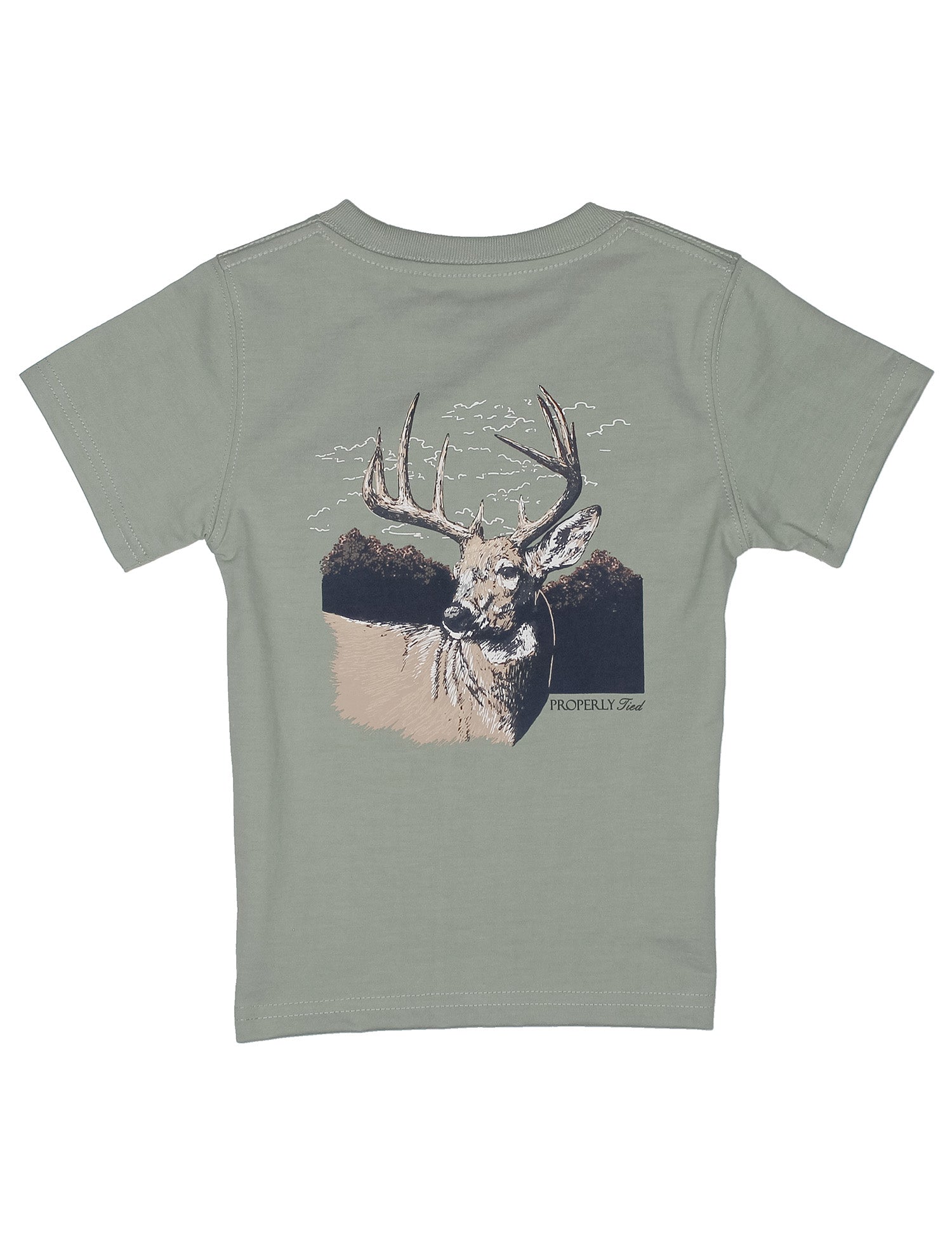 Green t-shirt with a deer graphic on a white background