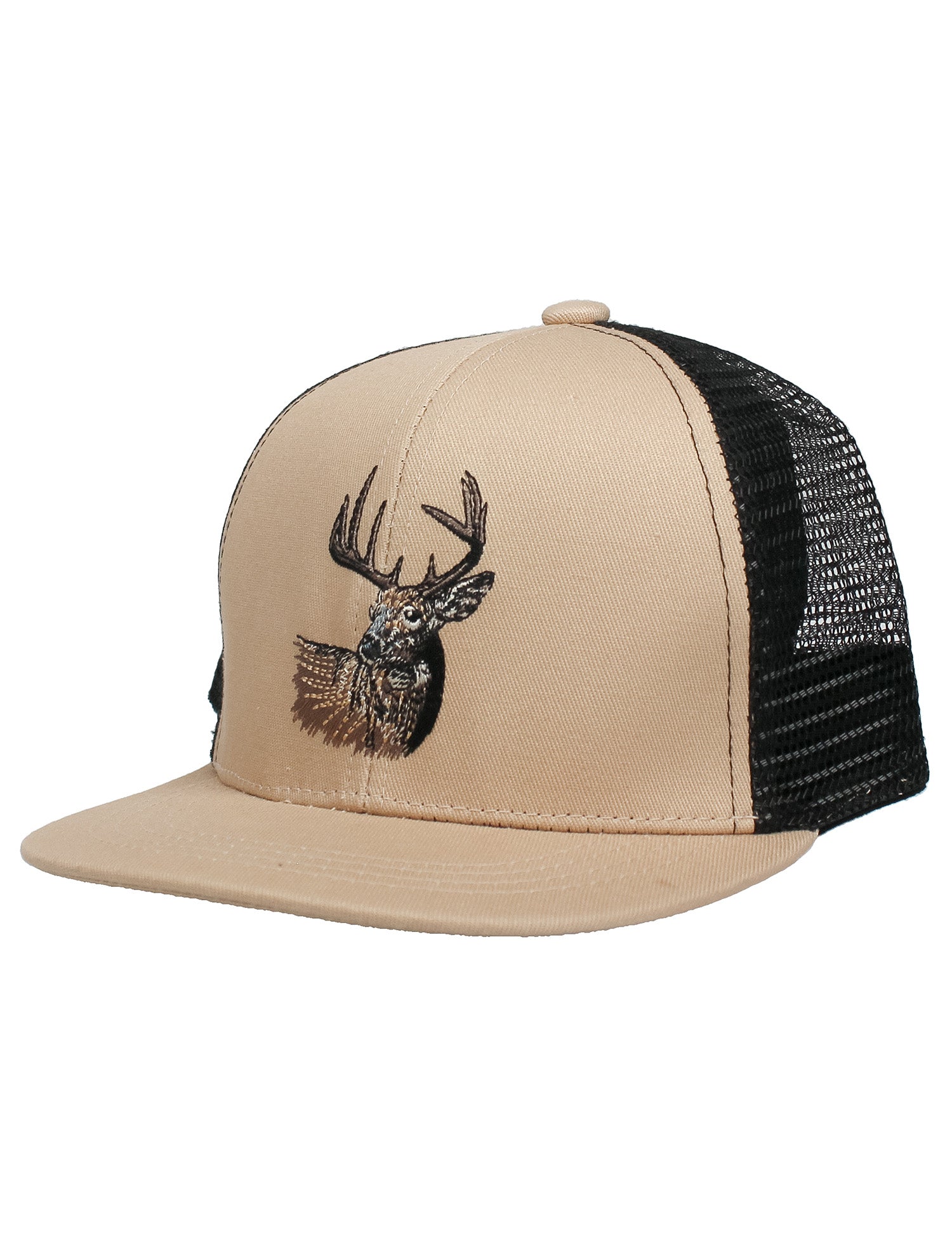 Beige and black cap with deer head design on a white background
