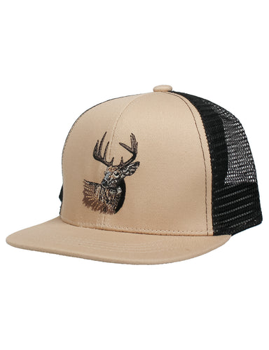 Beige and black cap with deer head design on a white background