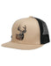 Beige and black cap with deer head design on a white background