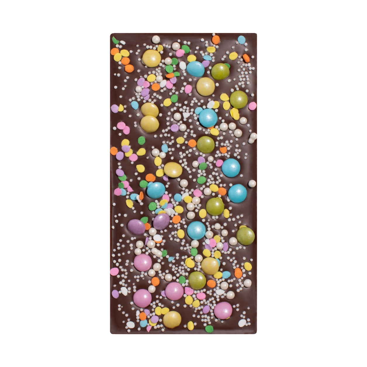 Chocolate bar with colorful candy pearls on a white background