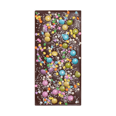 Chocolate bar with colorful candy pearls on a white background