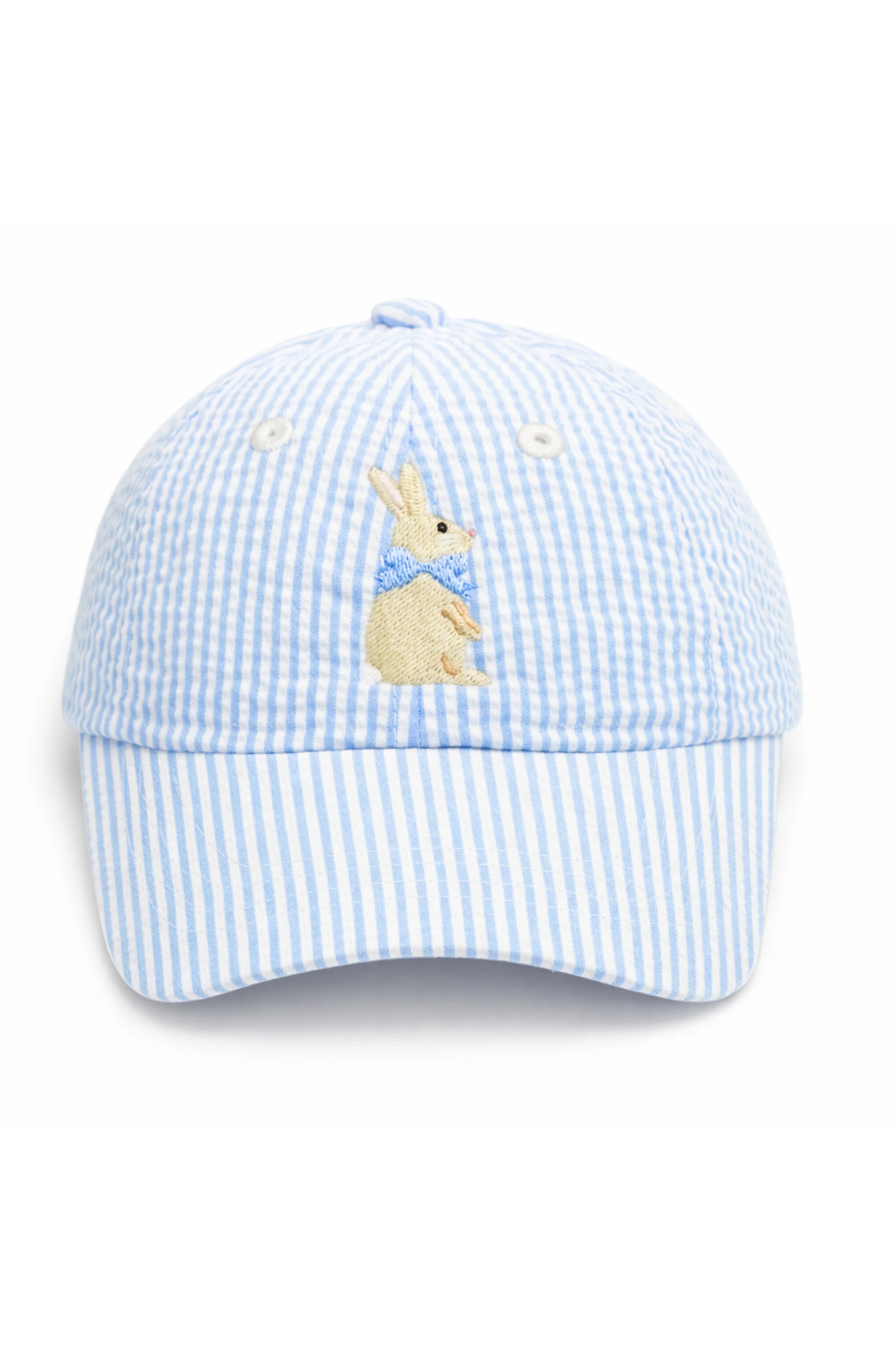 Blue and white striped baseball cap with a embroidered bunny design on a white background