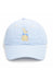 Blue and white striped baseball cap with a embroidered bunny design on a white background