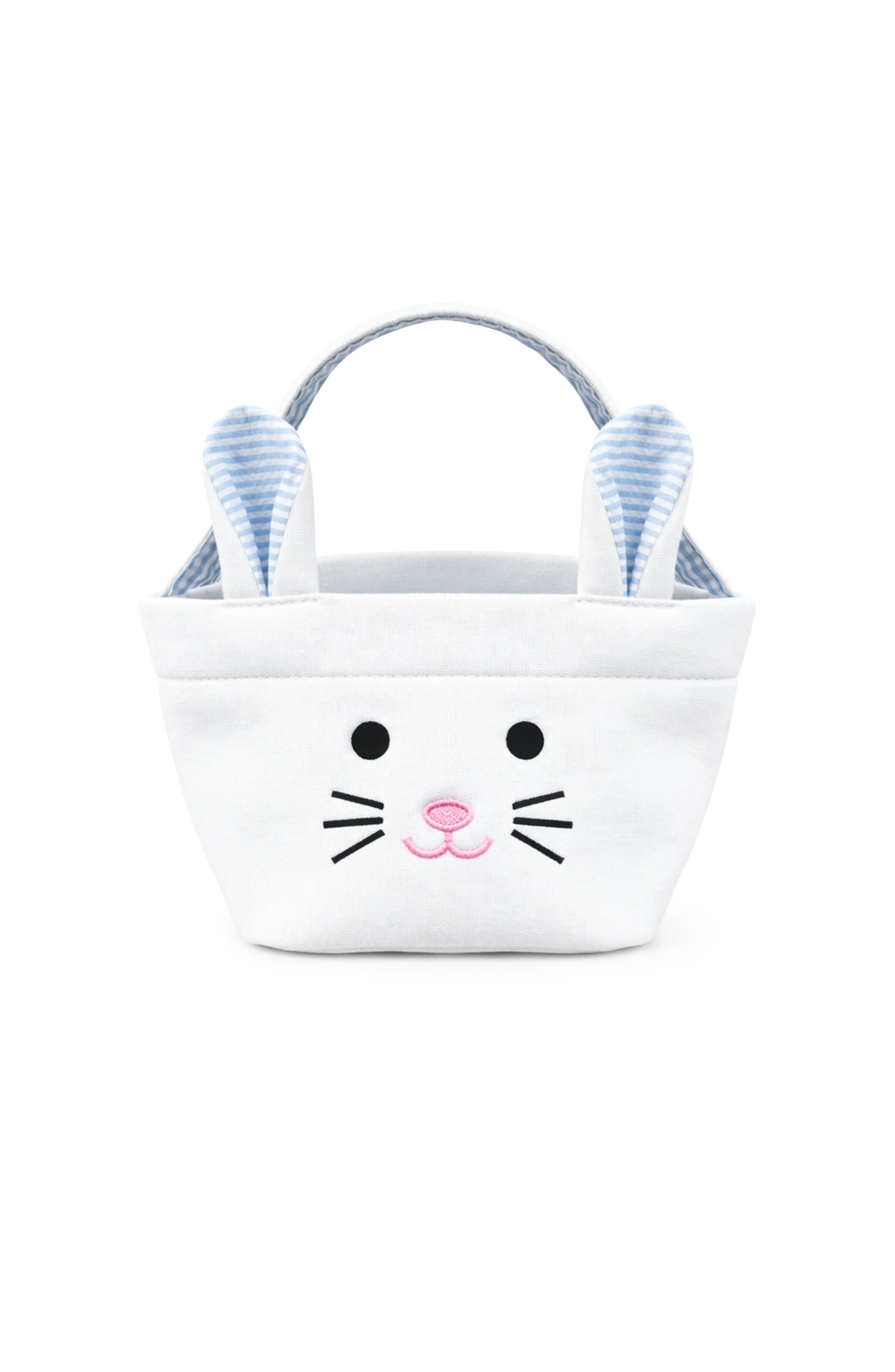 White bunny-shaped basket with blue ears on a white background