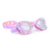 Pink swim goggles with floral design on a white background