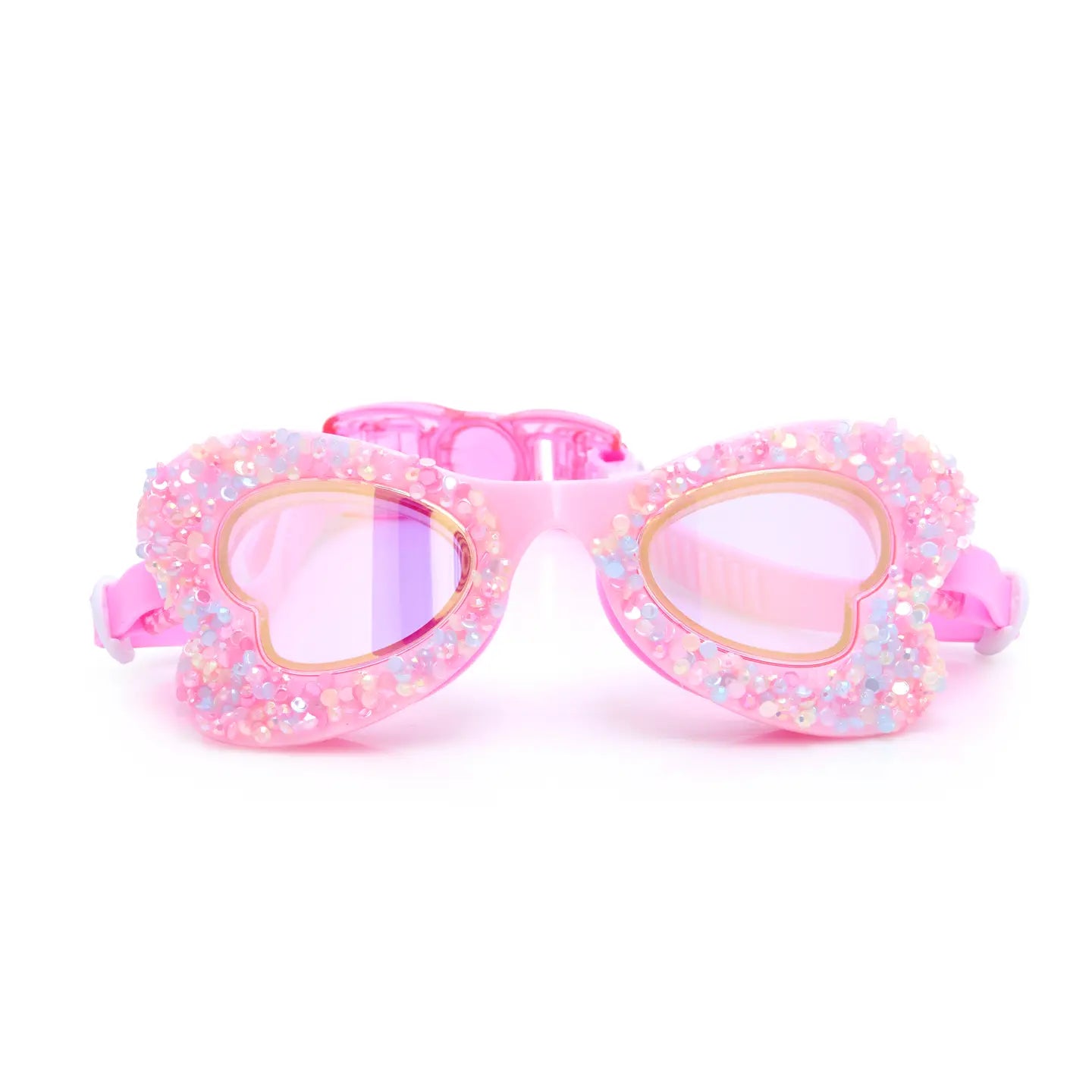 Pink heart-shaped sunglasses with glittery frame on a white background