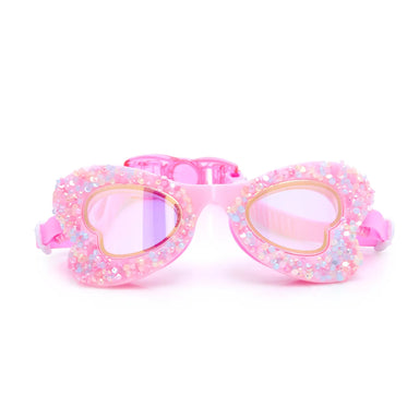 Pink heart-shaped sunglasses with glittery frame on a white background