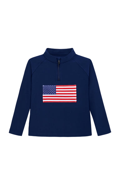 Navy long-sleeve shirt with American flag on a white background