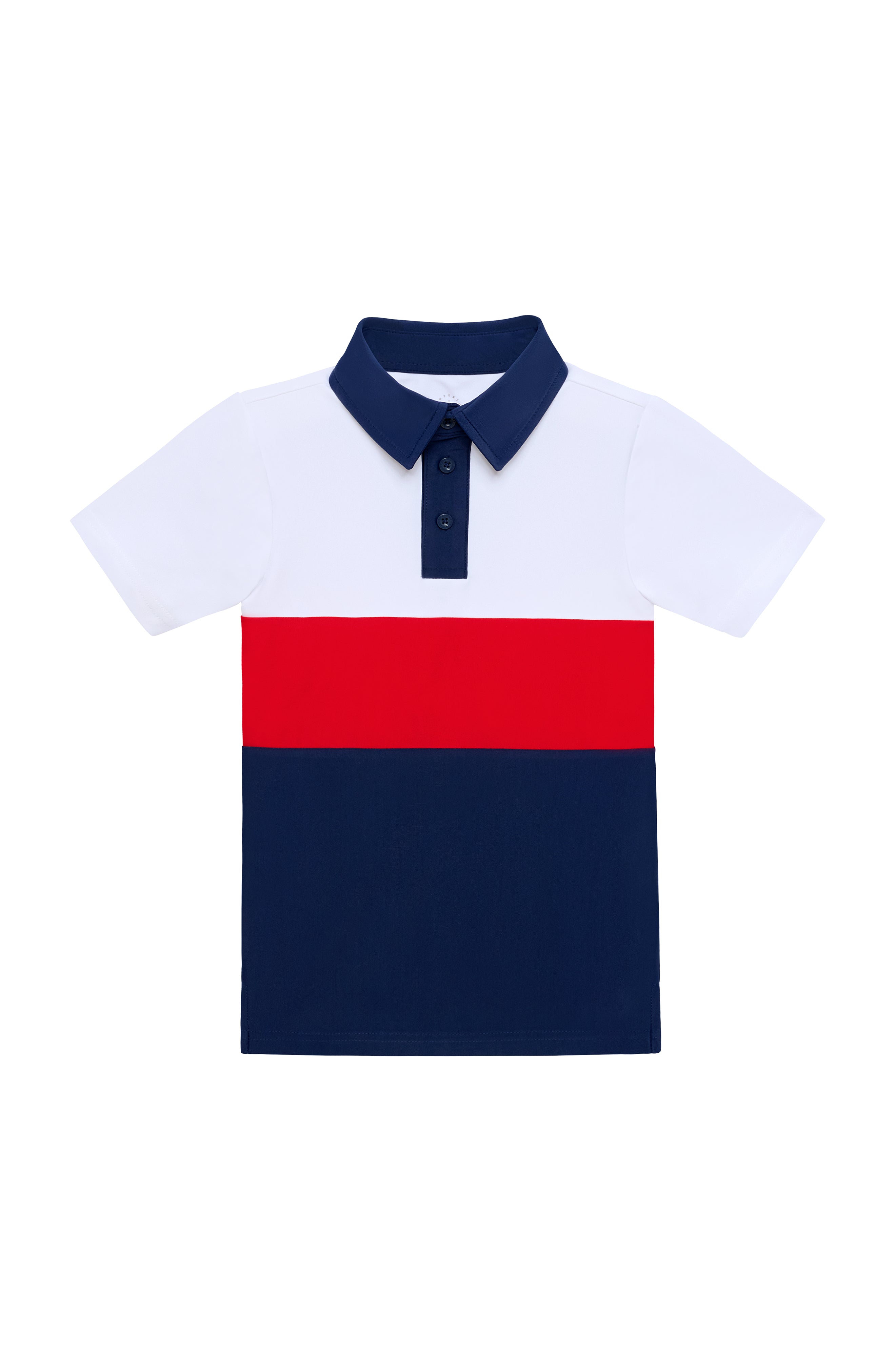 Color-blocked polo shirt with white, blue, and red sections on a white background