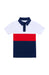 Color-blocked polo shirt with white, blue, and red sections on a white background
