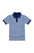 Blue and white striped polo shirt with a navy collar on a white background