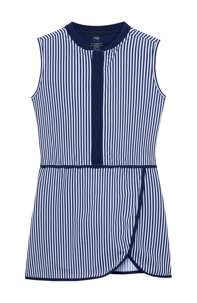 Blue and white striped dress on a white background