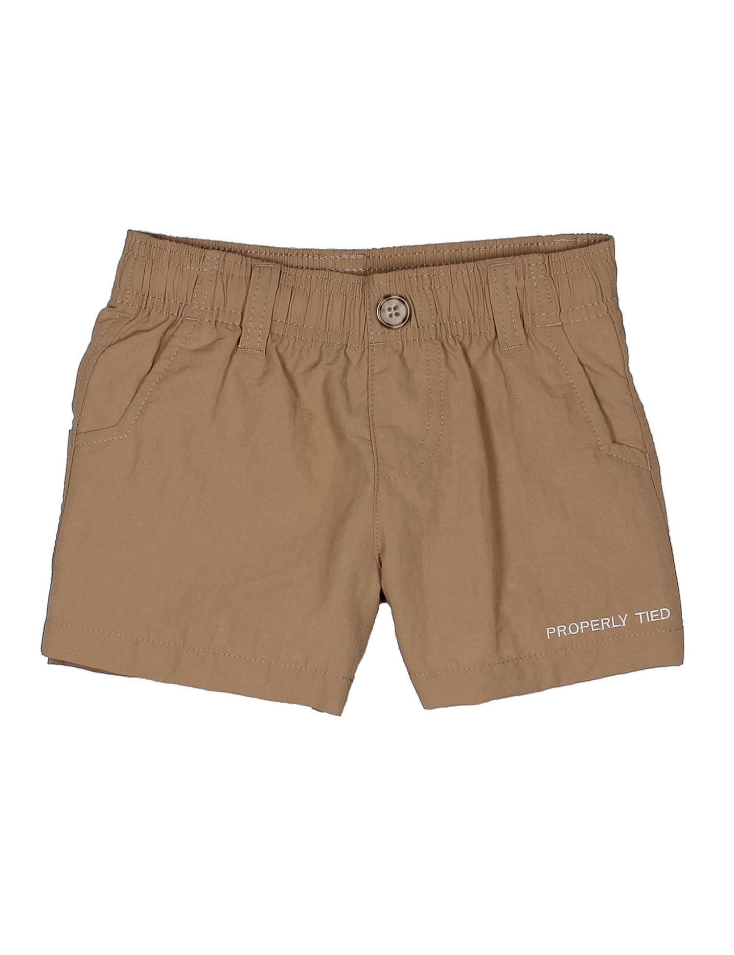 Brown shorts with 'Properly Tied' branding on a white background