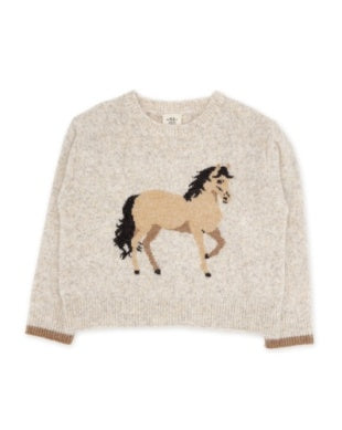 A cream-colored knit sweater featuring a large, detailed knitted horse motif on the front, with ribbed cuffs and hem.