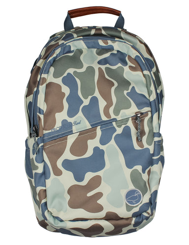Camouflage-patterned backpack on a white background