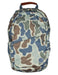Camouflage-patterned backpack on a white background