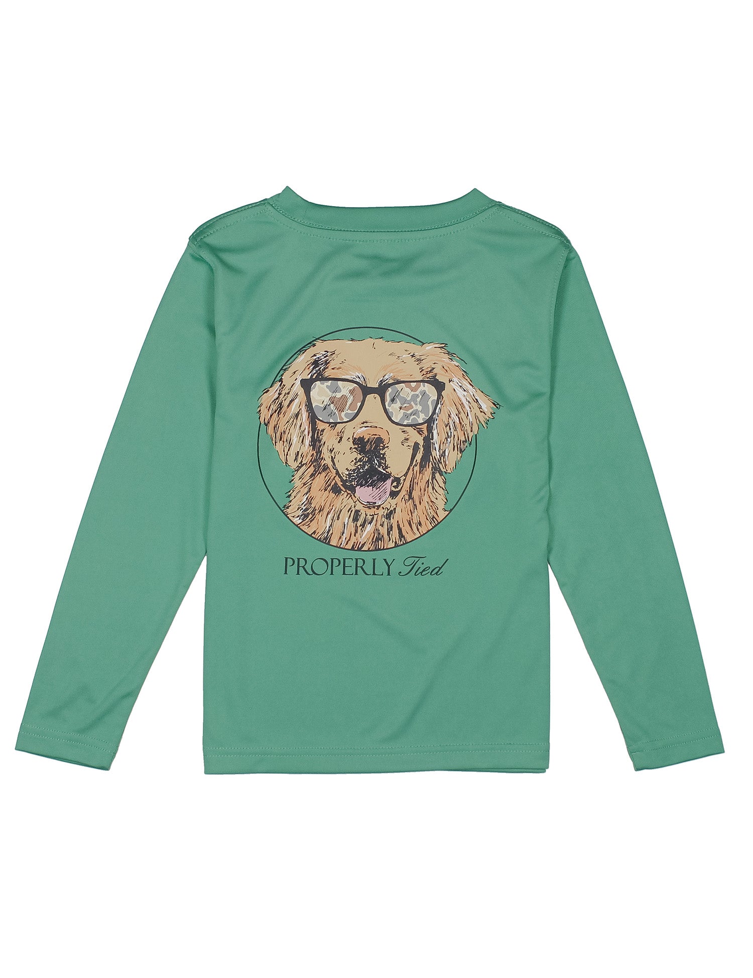 Green Properly Tied boys long sleeve tee featuring a playful dog wearing glasses graphic and logo on the front