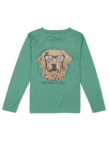 Green Properly Tied boys long sleeve tee featuring a playful dog wearing glasses graphic and logo on the front