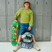Boyd holding a skate board and a Camo Kanes Double Pocket Backpack
