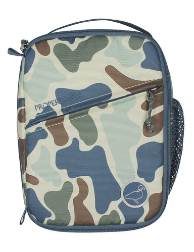 Camouflage-patterned bag with visible branding on a white background