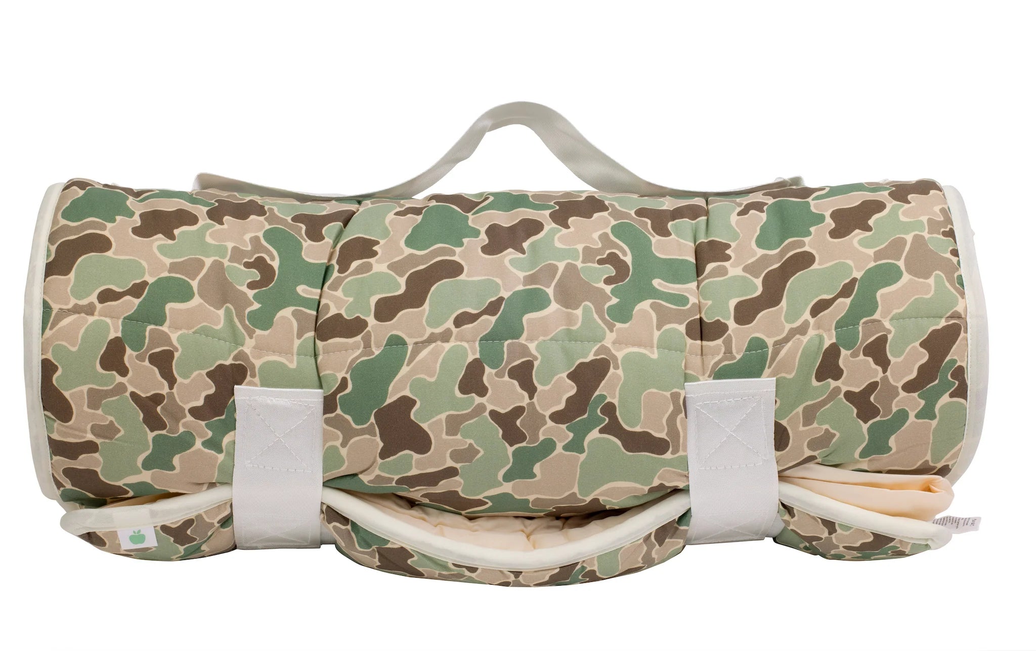 Camouflage-patterned nap mat with white trim on a white background
