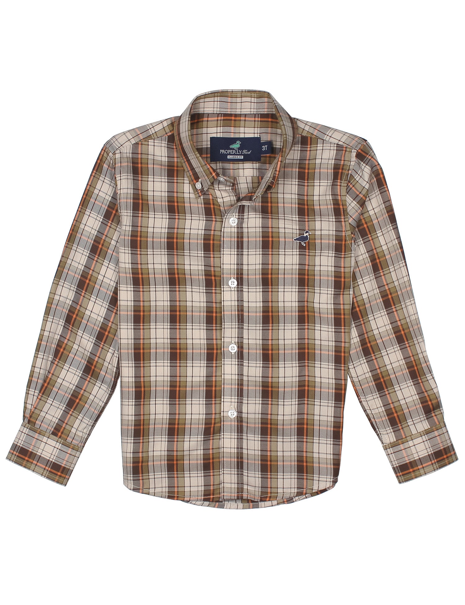 Properly Tied boys long sleeve button down sportshirt in brown and gray plaid with button front and chest logo
