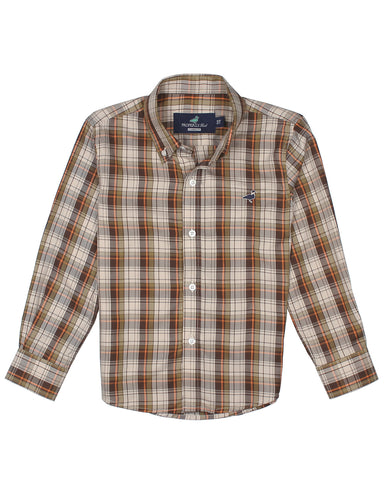 Properly Tied boys long sleeve button down sportshirt in brown and gray plaid with button front and chest logo