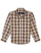 Properly Tied boys long sleeve button down sportshirt in brown and gray plaid with button front and chest logo