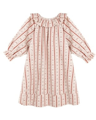 A long-sleeve baby dress with vertical red stripes on a cream background, featuring a ruffled neckline and ruffled cuffs, shown against a plain white background.