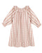 A long-sleeve baby dress with vertical red stripes on a cream background, featuring a ruffled neckline and ruffled cuffs, shown against a plain white background.