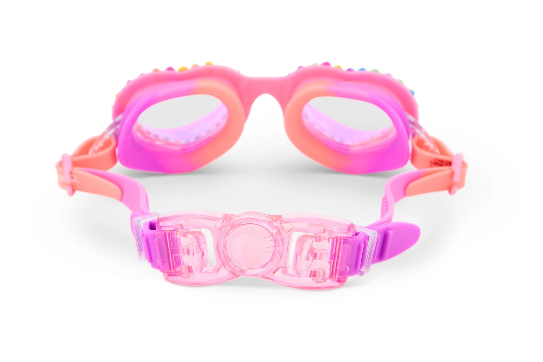 Pink and orange swim goggles on a white background