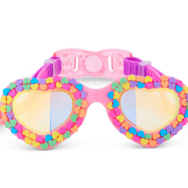 Colorful heart-shaped sunglasses with a pink frame on a white background