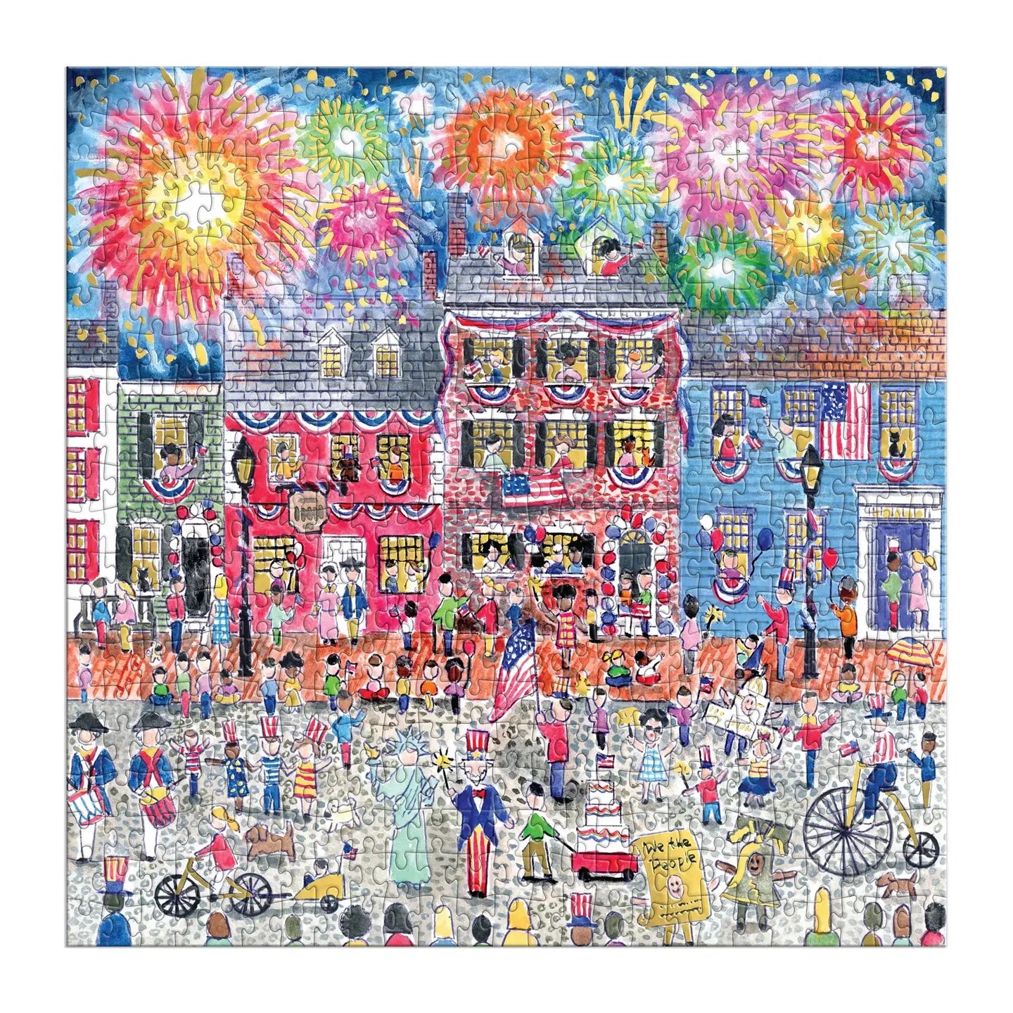 Colorful puzzle with a festive scene of people and fireworks