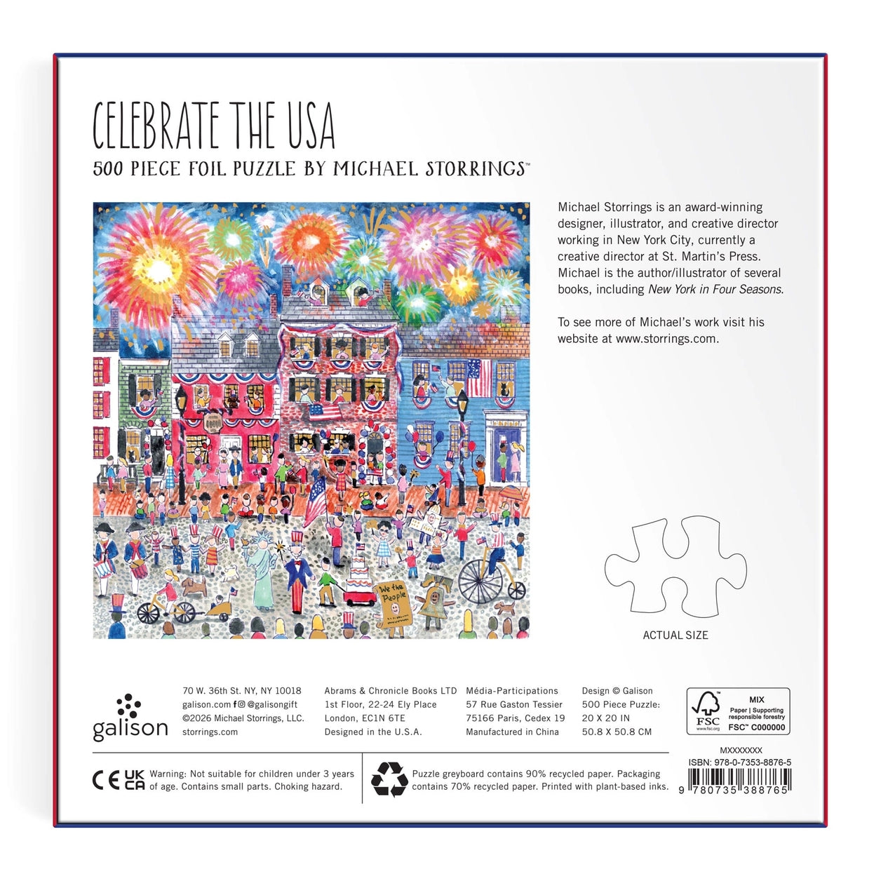 Puzzle box back with colorful illustration and text about the USA puzzle by Michael Storrings