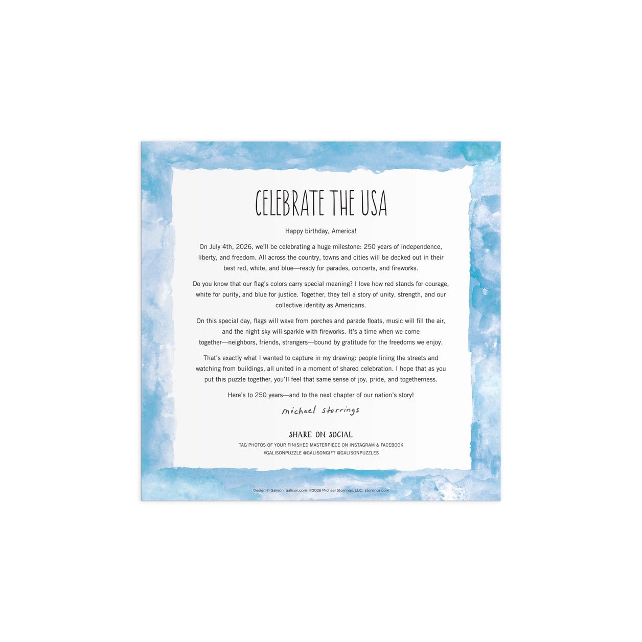 Text document with 'Celebrate the USA' on a blue watercolor background