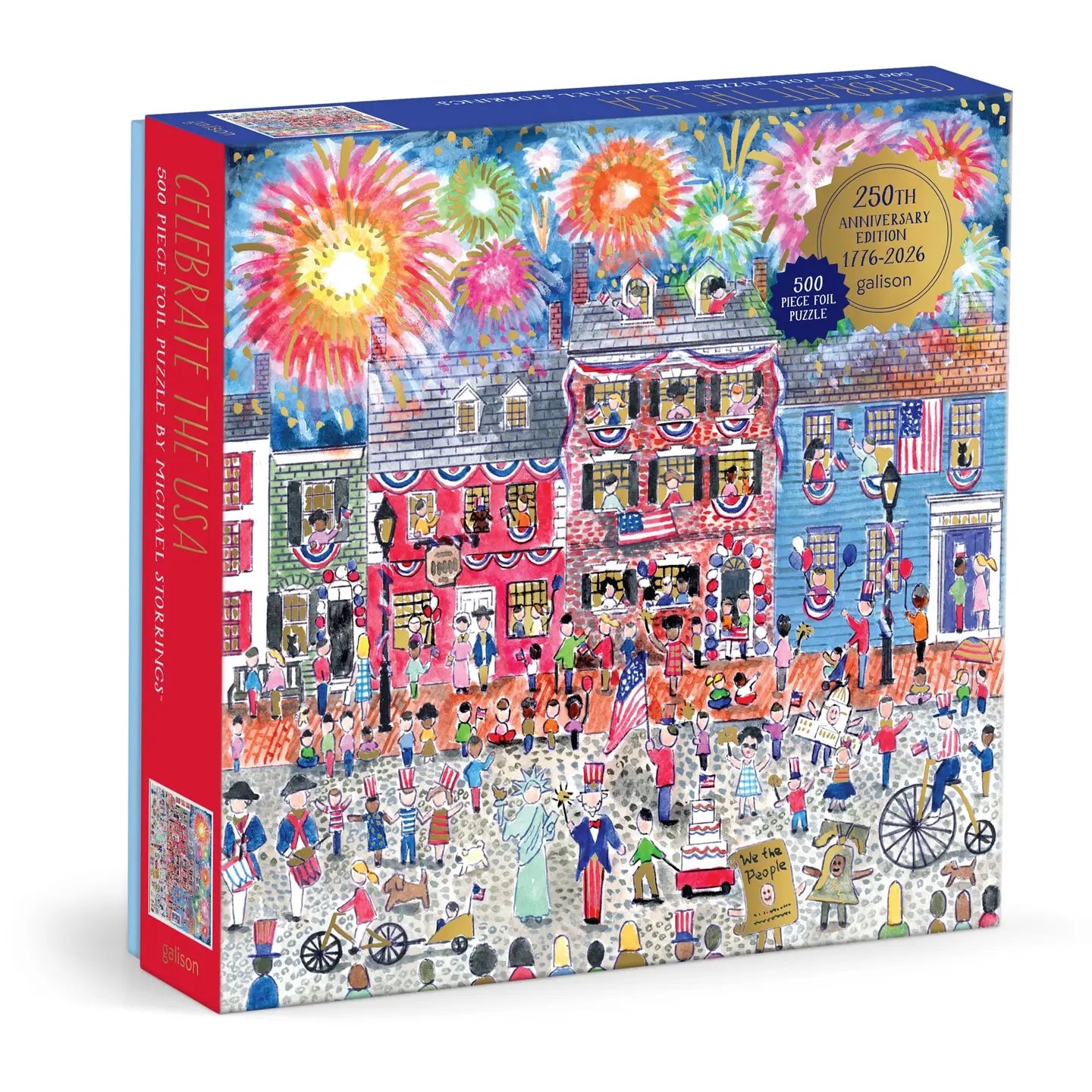 Jigsaw puzzle box with colorful illustration of a town square and fireworks
