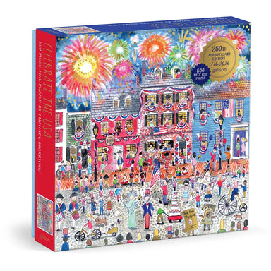 Jigsaw puzzle box with colorful illustration of a town square and fireworks