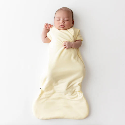 Newborn baby wrapped in a yellow sleep bag on a white background
