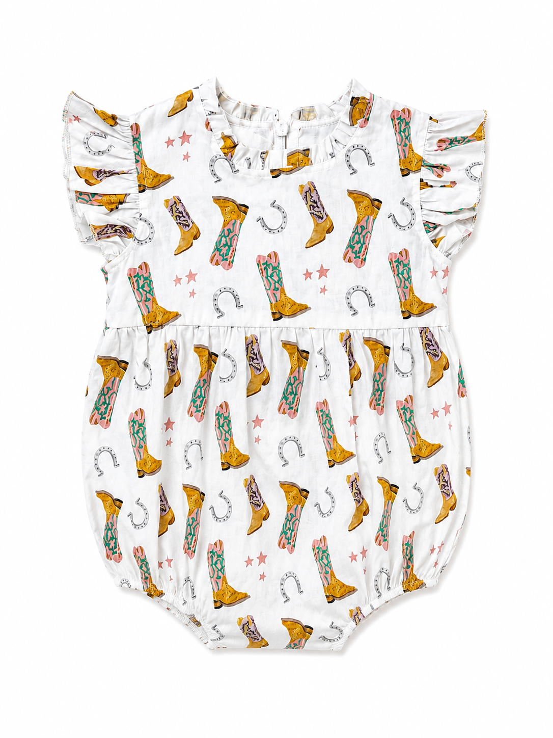 A white baby romper with a western print featuring brown boots, horseshoes, and stars, complete with ruffled sleeves.