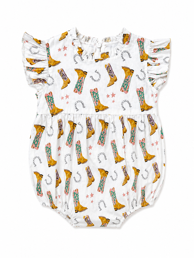 A white baby romper with a western print featuring brown boots, horseshoes, and stars, complete with ruffled sleeves.