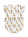 A white baby romper with a western print featuring brown boots, horseshoes, and stars, complete with ruffled sleeves.
