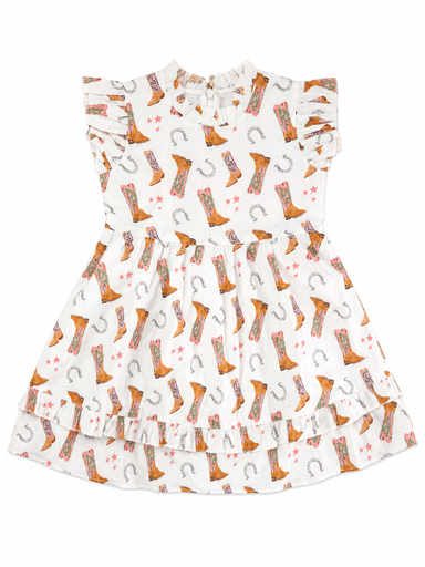 A white sleeveless dress with a tiered ruffle hem and ruffled shoulder straps, featuring an all-over western print of brown cowboy boots, horseshoes, and pink stars.