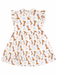 A white sleeveless dress with a tiered ruffle hem and ruffled shoulder straps, featuring an all-over western print of brown cowboy boots, horseshoes, and pink stars.