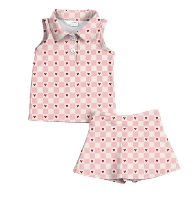 Children's sleeveless top and shorts set with pink and white checkered pattern on a white background
