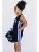 Young girl in a black and purple cheerleading outfit with pom-pom on a white background
