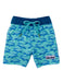 Blue swim shorts with alligator pattern on a white background