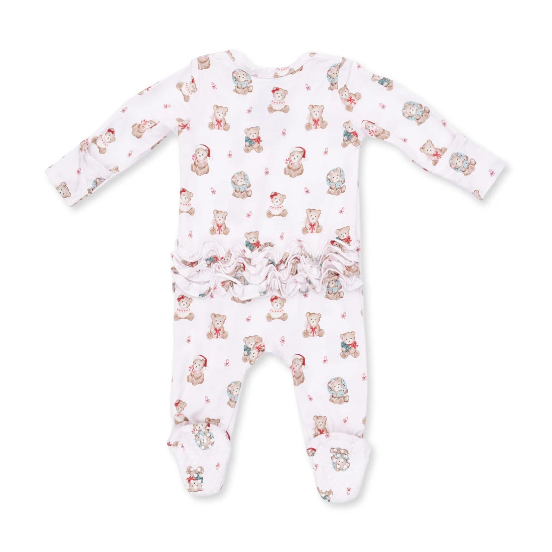 A baby long-sleeve footed sleeper in white with a repeating teddy bear print in muted red, blue, and beige, featuring a ruffled waistband.