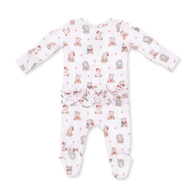 A baby long-sleeve footed sleeper in white with a repeating teddy bear print in muted red, blue, and beige, featuring a ruffled waistband.